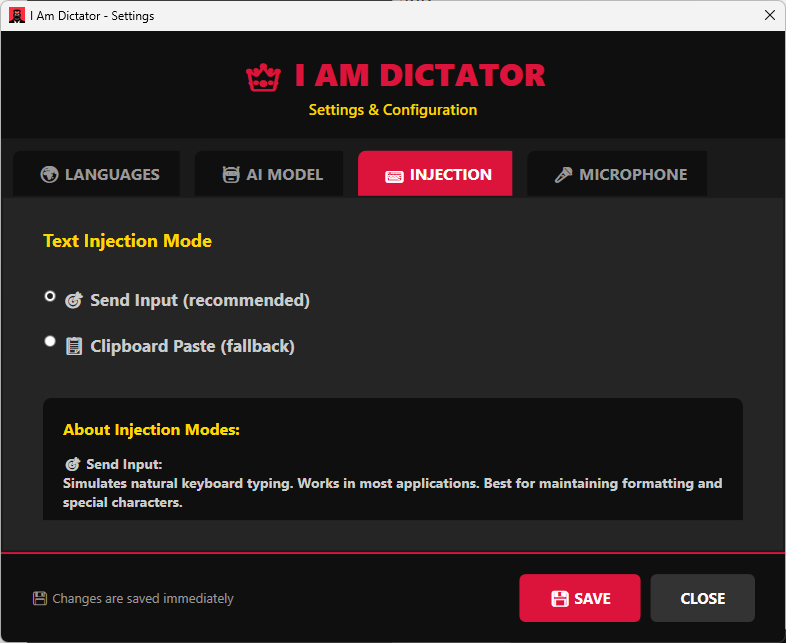 Injection Mode Settings